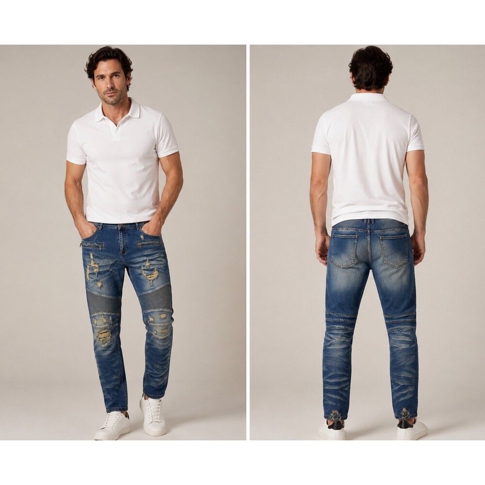 (N) Embellish Distressed Destroyed Skinny Biker Blue Jean's Men's Size 42/32